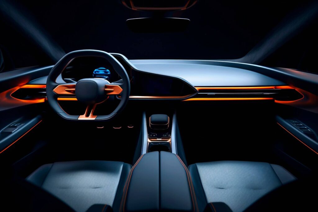 Interior of a modern car featuring illuminated dashboard, steering wheel, and futuristic design with orange accents.