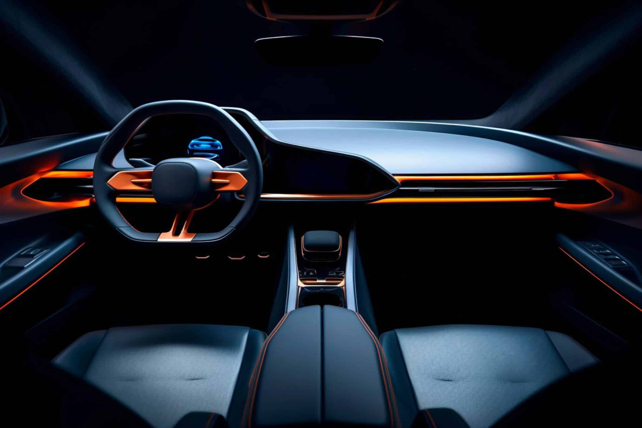 Interior of a modern car featuring illuminated dashboard, steering wheel, and futuristic design with orange accents.
