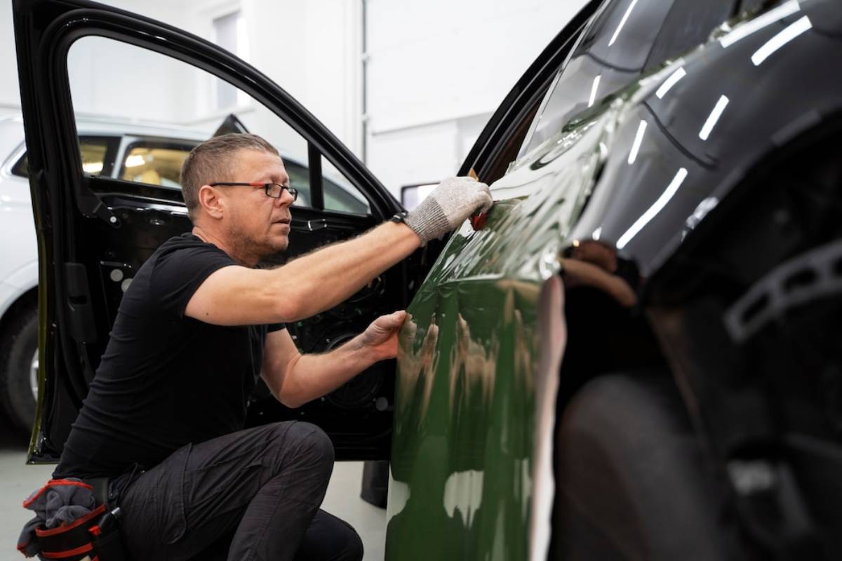 A person applies green vinyl wrap to a car door in a well-lit automotive workshop, showcasing expert craftsmanship.