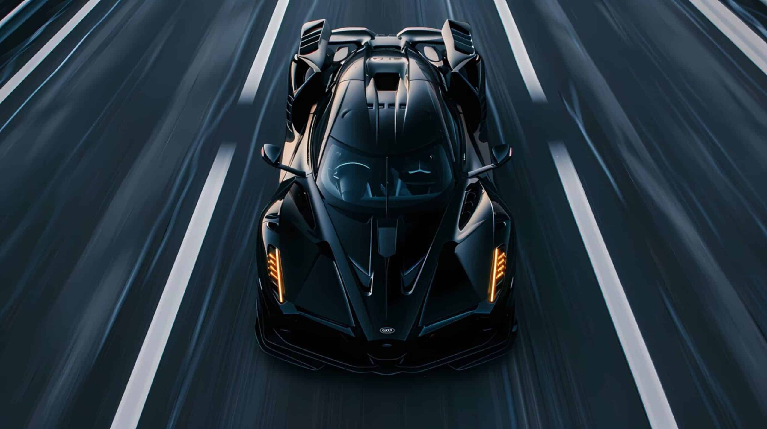 A black sports car speeds along a blurred highway, emphasizing motion and aerodynamic design.
