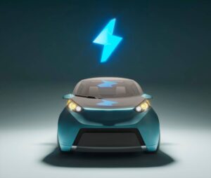 A futuristic blue electric car illuminated under soft lighting, highlighted by glowing blue lightning bolt symbols.