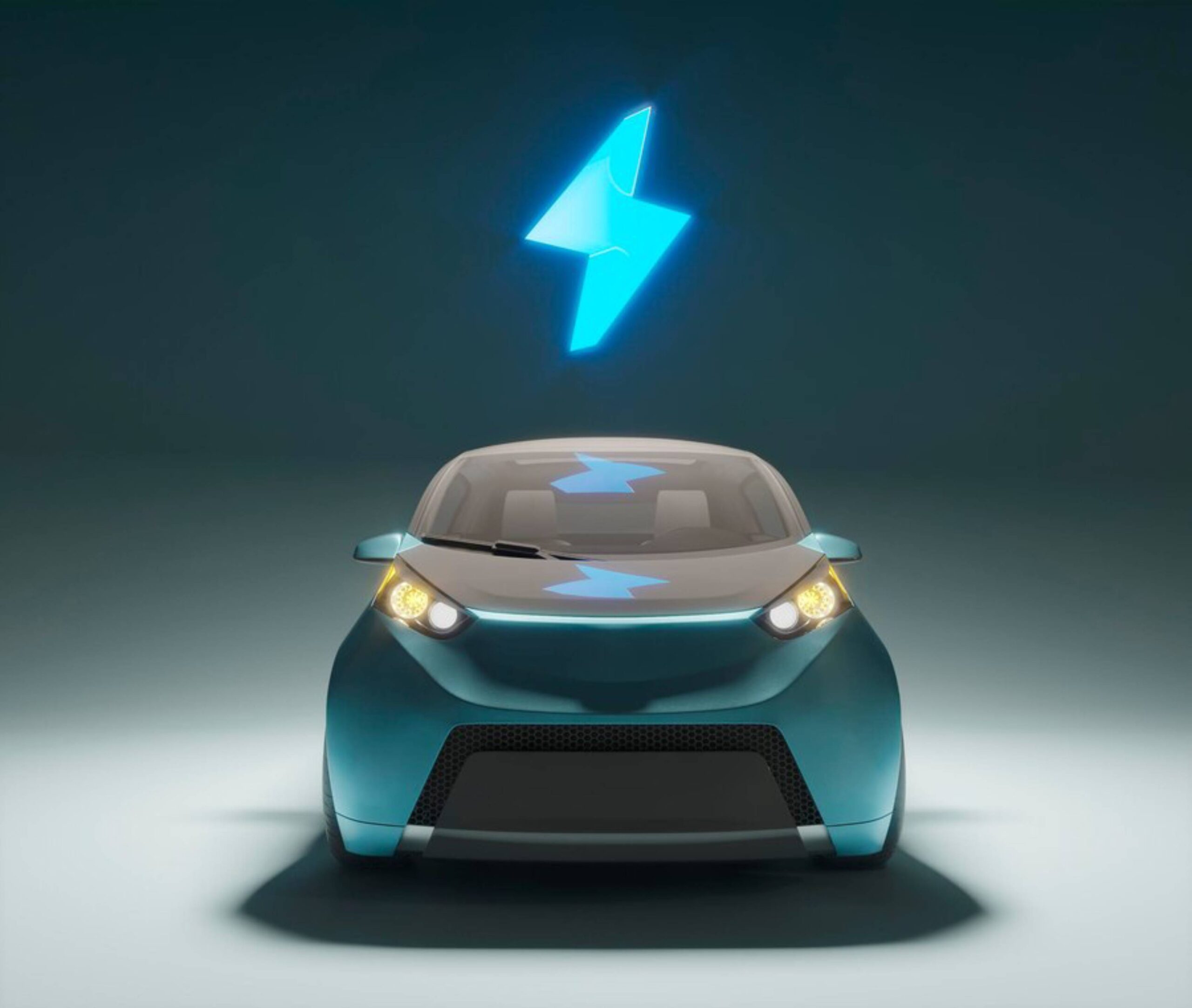 A futuristic blue electric car illuminated under soft lighting, highlighted by glowing blue lightning bolt symbols.