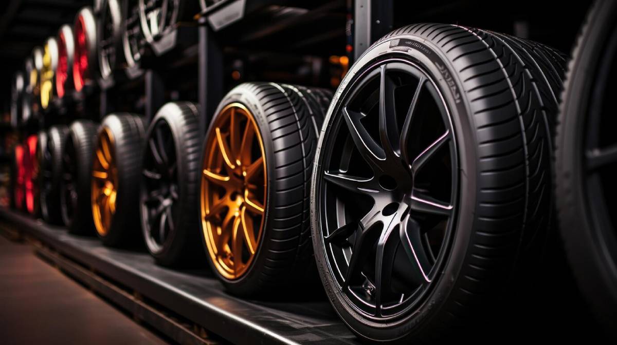  A variety of car wheels displayed on shelves in a dark, ambient automotive store.