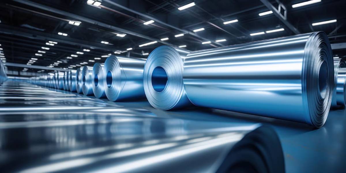  Long rolls of shiny metal stored in an industrial warehouse.