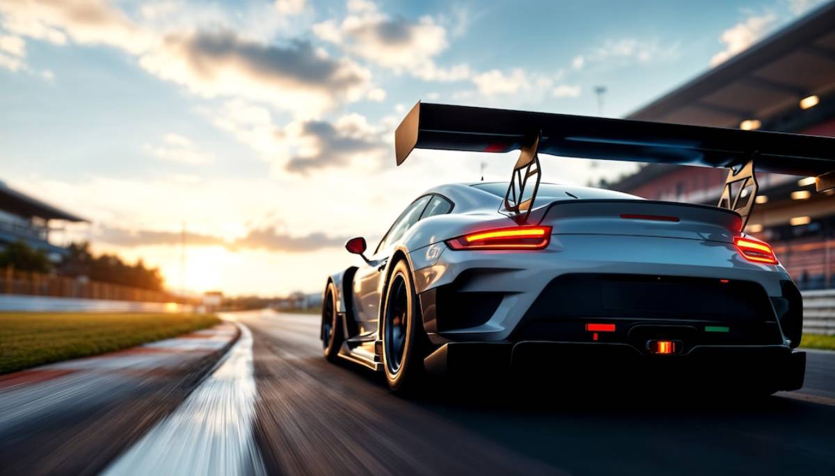  A sports car speeds on a racetrack at sunset, large rear wing visible, dynamic motion blur on the track.