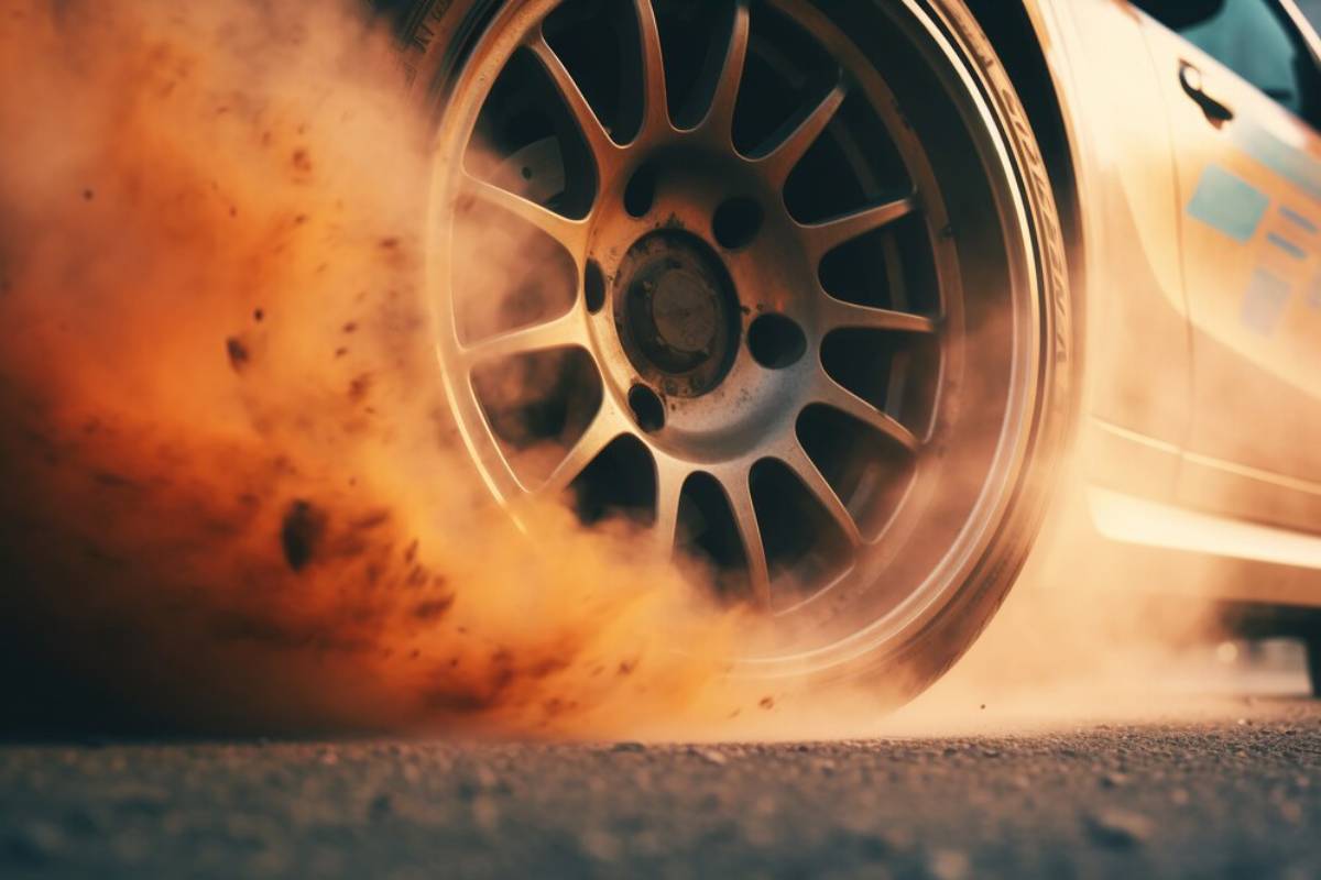  Car tyre spinning rapidly on asphalt, creating a cloud of dust and smoke.